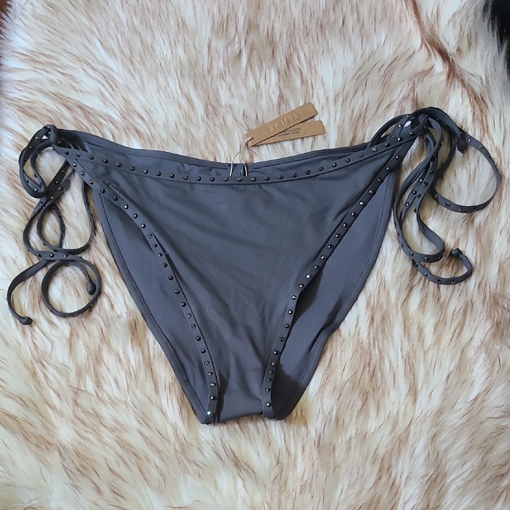 NWT SKIMS Rhinestone Swim Tie Bikini Bottom Size 4X Gunmetal